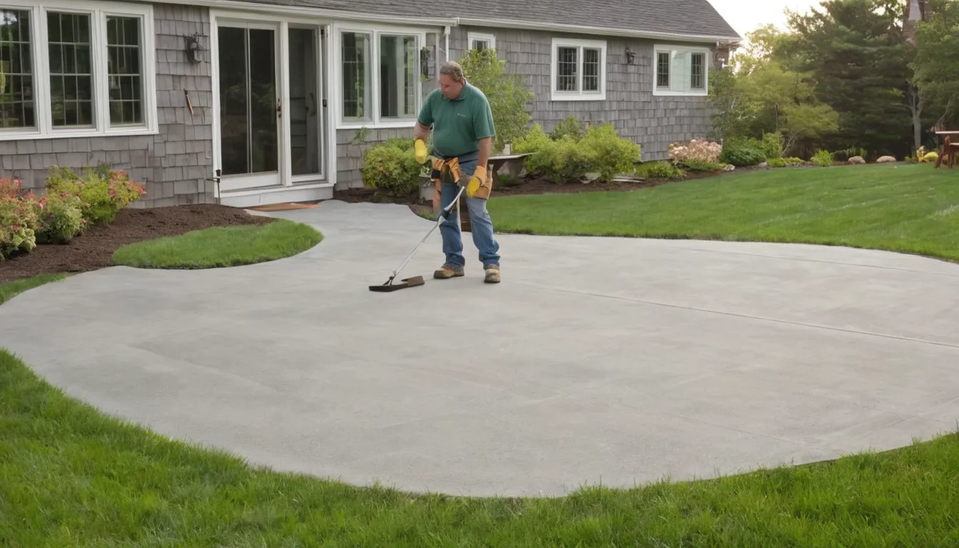 Newly poured concrete patio behind a home in the Shelton area, with a homeowner reviewing a quote